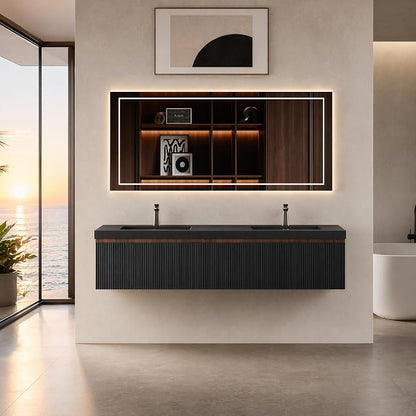 Floating Bathroom Vanity, 72" Wall Mounted Bathroom Cabinet with 2 Matte Black Quartz Sand Sinks & U-Shaped Soft-Close Drawers, Pre-Assembled Striped Storage Vanity for Bathroom, Walnut&Black
