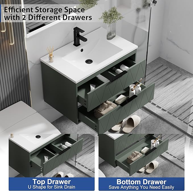 eclife 30" Bathroom Vanities Cabinet with Sink Combo, Wall Mounted Floating Cabinet W/Decor Line, Soft-Close System, 2 Extra Big Drawers, Matte Black Faucet, Gray Green