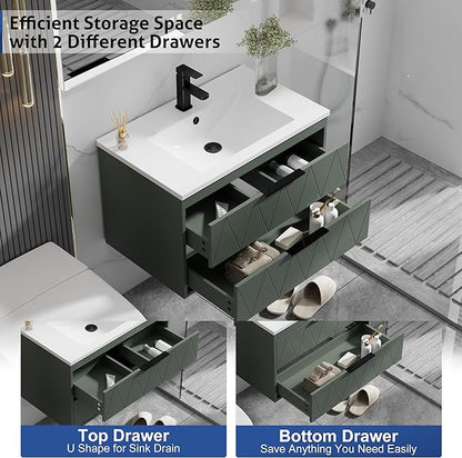eclife 30" Bathroom Vanities Cabinet with Sink Combo, Wall Mounted Floating Cabinet W/Decor Line, Soft-Close System, 2 Extra Big Drawers, Matte Black Faucet, Gray Green
