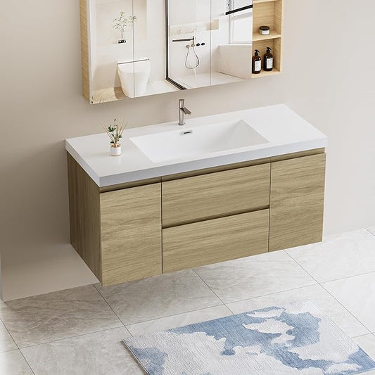 48 Inch Floating Bathroom Vanity with Single Sink, Modern Wall-Mounted Bathroom Vanity Storage Cabinet Organizer with 2 Soft Closing Doors and 2 Drawers (Natural Oak)