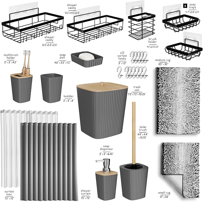 Clara Clark Bathroom Accessories Set - 27PC Bathroom Set with Adhesive Corner Shower Caddy Hanging, Bathroom Sets with Shower Curtain and Rugs, Ombre Grey Shower Curtain Set with Bathroom Trash Can | 27 Piece Ombre Grey Bathroom Sets with Shower Curtai...
