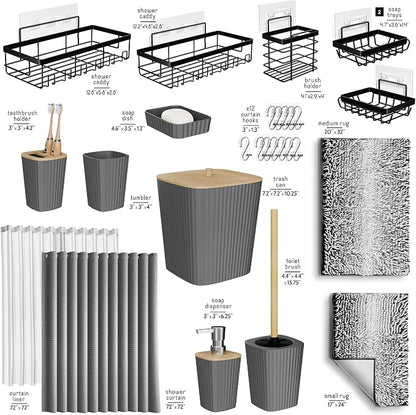 Clara Clark Bathroom Accessories Set - 27PC Bathroom Set with Adhesive Corner Shower Caddy Hanging, Bathroom Sets with Shower Curtain and Rugs, Ombre Grey Shower Curtain Set with Bathroom Trash Can | 27 Piece Ombre Grey Bathroom Sets with Shower Curtai...