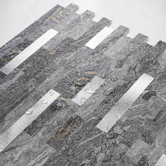 StyloVue 20 Sheets Peel and Stick Backsplash for Kitchen, Gray-Gold Stone with Metal Silver Look Stick on Tile Upgrade Your Kitchen Backsplash, RV, Fireplace