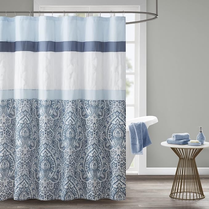 510 DESIGN Shawnee Shower Curtain, Geometric Textured Embroidery Design with Built-in Liner, Modern Mid-Century Bathroom Decor, Machine Washable, Fabric Privacy Screen, 72x72, Blue