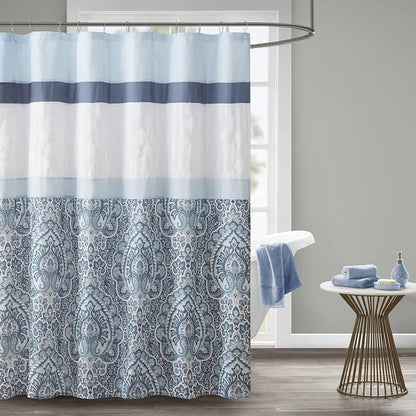 510 DESIGN Shawnee Shower Curtain, Geometric Textured Embroidery Design with Built-in Liner, Modern Mid-Century Bathroom Decor, Machine Washable, Fabric Privacy Screen, 72x72, Blue