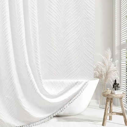 White Boho Shower Curtain Fabric - 72"x72" White Cloth Shower Curtain with 12 C-Hooks, Elegant Cute Textured Bathroom Shower Curtains Boho Chic