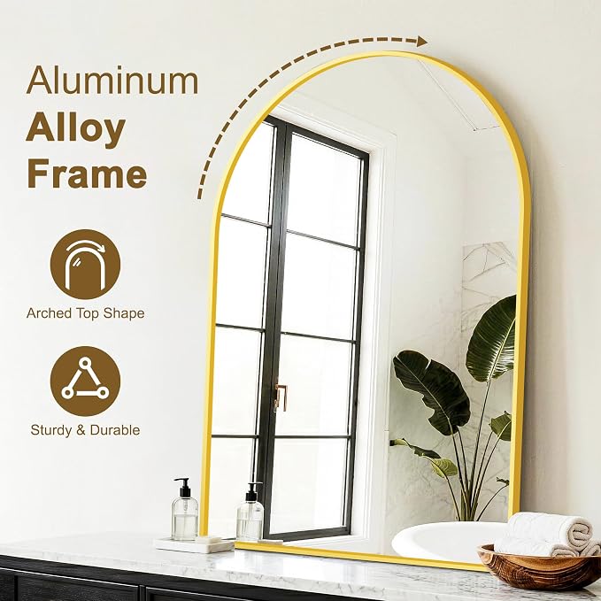 FGU Arched Bathroom Mirror for Over Sink 38"x26" Gold Vanity Mirror | Wall Mounted, HD Tempered Shatter-Proof Glass, Rust-proof Arched Metal Frame, Arch Mirror for Bedroom, Living Room, Entryway