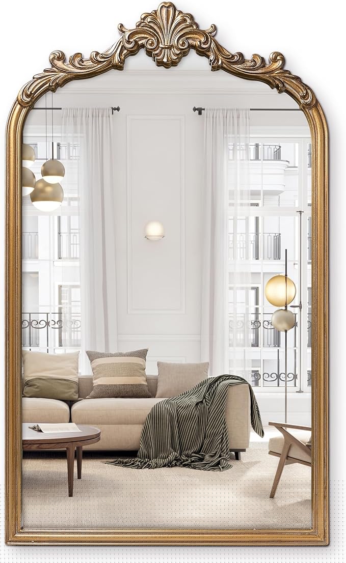 English Estate Carved Arch Wood Wall Mirror, Mirror for Entryway, Living Room, Bathroom, Antique Gold, 20.4x33