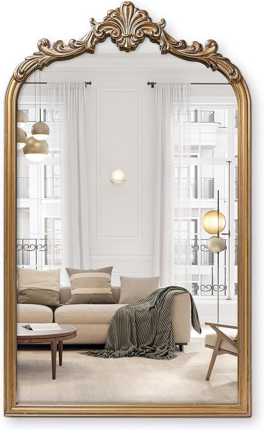 English Estate Carved Arch Wood Wall Mirror, Mirror for Entryway, Living Room, Bathroom, Antique Gold, 20.4x33