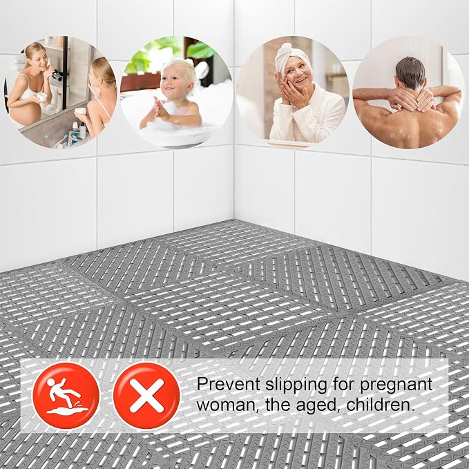 Modular Interlocking Cushion 12 Pack 11.8" x 11.8" Rubber Floor Tiles Non-Slip Splicing Drainage Mats for Deck, Pool, Shower, Patio, Balcony, Bathroom, Kitchen, Yard (Diagonal, Gray)