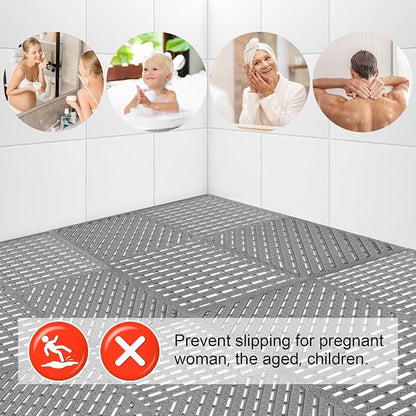 Modular Interlocking Cushion 12 Pack 11.8" x 11.8" Rubber Floor Tiles Non-Slip Splicing Drainage Mats for Deck, Pool, Shower, Patio, Balcony, Bathroom, Kitchen, Yard (Diagonal, Gray)