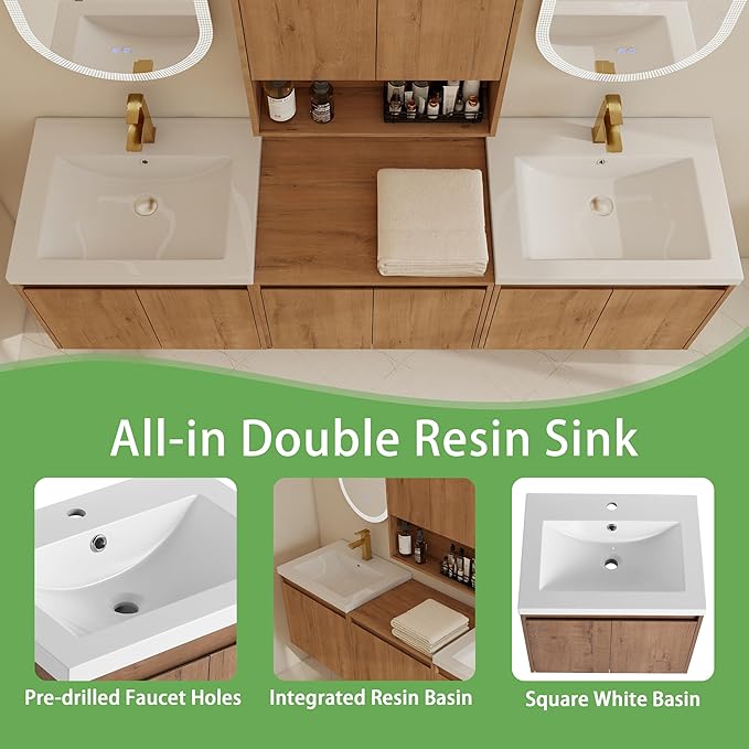 72" Bathroom Vanity Set, 72 Inch Modern Floating Vanity with 6 Doors and 1 Wall-Mounted Side Cabinet, Double Resin Sinks Wall Mount Cabinet Set, Open Storage Shelf, Imitative Oak