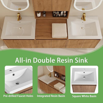 72" Bathroom Vanity Set, 72 Inch Modern Floating Vanity with 6 Doors and 1 Wall-Mounted Side Cabinet, Double Resin Sinks Wall Mount Cabinet Set, Open Storage Shelf, Imitative Oak