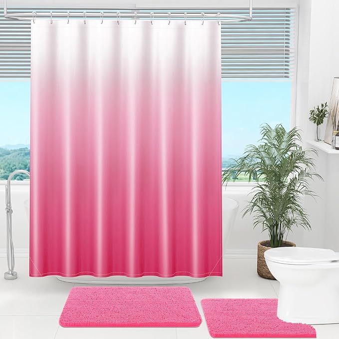 OLANLY Luxury Hot Pink and White Ombre Shower Curtain Sets with 12 Hooks, Waterproof and Washable Decorative Shower Curtains for Bathroom, 72x72 Inches