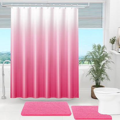 OLANLY Luxury Hot Pink and White Ombre Shower Curtain Sets with 12 Hooks, Waterproof and Washable Decorative Shower Curtains for Bathroom, 72x72 Inches