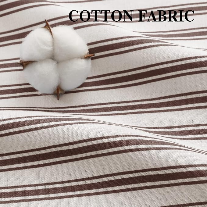 Farmhouse Shower Curtain Ruffle Linen White-Brown Stripe 72"W x 72"L | Farmhouse Boho, Striped, Bottom Ruffle, Cotton Fabric, Rustic, Country, Natural Look, Washable, for Bathroom Bathtub