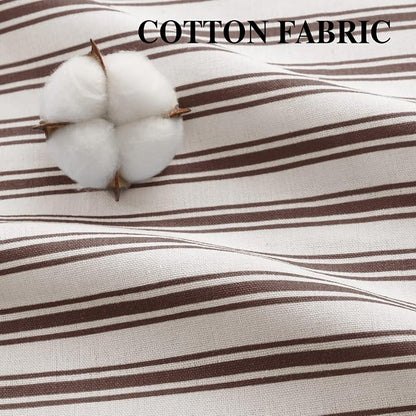 Farmhouse Shower Curtain Ruffle Linen White-Brown Stripe 72"W x 72"L | Farmhouse Boho, Striped, Bottom Ruffle, Cotton Fabric, Rustic, Country, Natural Look, Washable, for Bathroom Bathtub