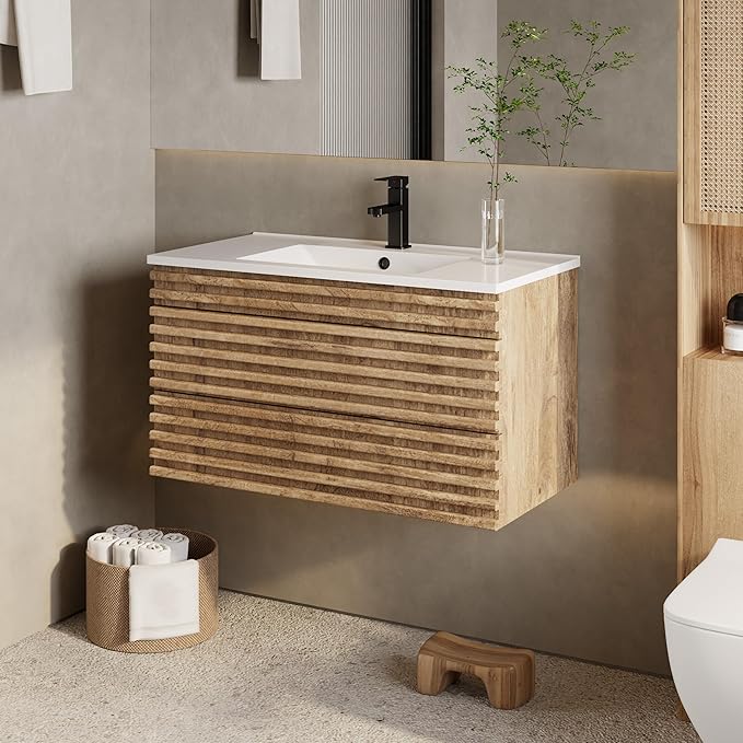 eclife 36" Floating Bathroom Vanity with Sink Combo Mid-Century Wall Mounted Cabinet with Wood Stripes Decor, Drawers, Undermount Single Sink, Faucet, Drain, Light Walnut