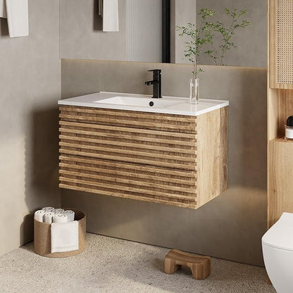 eclife 36" Floating Bathroom Vanity with Sink Combo Mid-Century Wall Mounted Cabinet with Wood Stripes Decor, Drawers, Undermount Single Sink, Faucet, Drain, Light Walnut