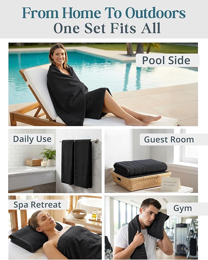 Casa Platino 100% Cotton Bath Towels 2 Pack (30"x60") - Ring Spun Mercerized Cotton Large Towel Set for Bathroom - Quick Dry, Soft & Absorbent Large Bath Towel Set - Oeko Tex Certified - Black Towels