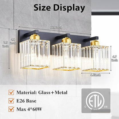 Bathroom Vanity Light Fixtures Over Mirror - Makeup Lighting Black Gold - for Modern Wall, Bath, Desk, Farmhouse, Hallway 3 Crystal Lights