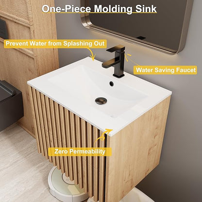 eclife 24" Floating Bathroom Vanity with Sink Combo, Modern Wall Mounted Cabinet with 2 Fluted Drawers, Undermount Sink, Faucet, Drain, Mixed Natural