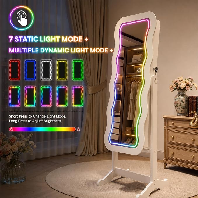 Fiqevs RGB Mirror Jewelry Cabinet, Remote Control LED Mirror with Storage | Standing Jewelry Organizer with Full Length LED Lighting Wavy Mirror, Lockable, Spacious Storage, Jewelry Armoire White