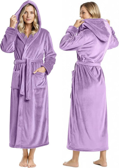 NY Threads Women's Fleece Hooded Bathrobe Plush Long Spa Robe, Medium