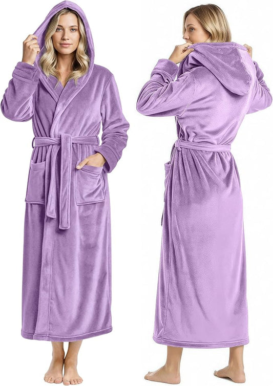 NY Threads Women's Fleece Hooded Bathrobe Plush Long Spa Robe, Medium