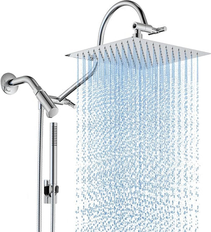 MakeFit All Metal Shower Head Combo with Handheld, 10" Square Rainfall Shower Head with Curved Extension Arm, Adjustable Dual Shower Heads with 71" Extra Long Hose, Chrome