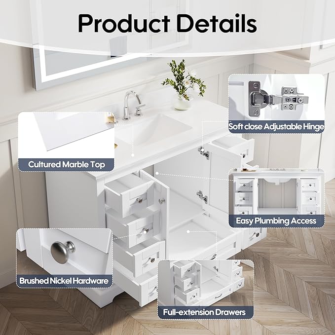 WELLFOR 48" Bathroom Vanity with Sink, Bathroom Freestanding Vanity W/ 2 Soft-Close Doors and 9 Soft-Close Drawers, Bathroom Cabinet Vanity with Engineered Stone Countertop, White