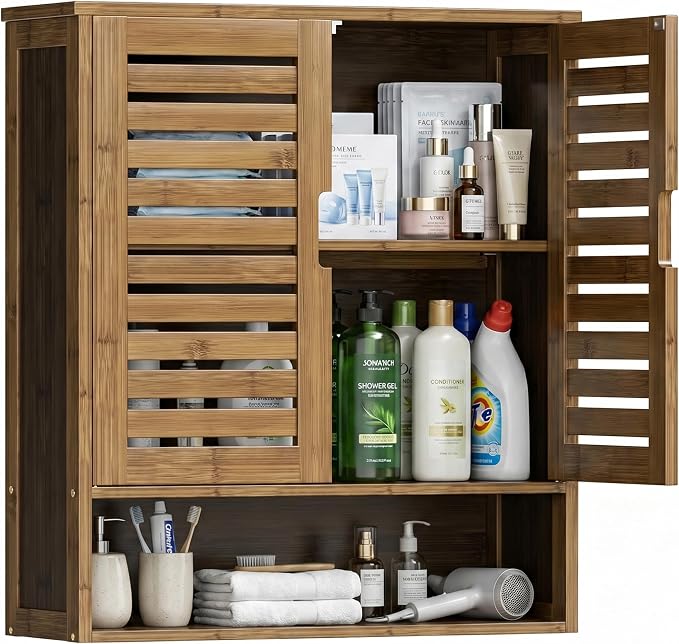 SMIBUY Bathroom Cabinet Wall Mounted, Bamboo Over-The-Toilet Storage Organizer, Space Saver Medicine Cabinet with 2 Door and Adjustable Shelves (Walnut)
