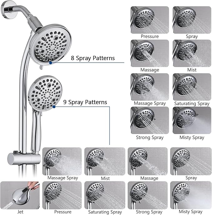 Rainfall Shower Head with Handheld Shower Spray, with 26" Drill Free Adjustable Height Slider Bar, High Pressure Dual Shower Head Combo, 3-Way Diverter for Easy Reach, 5Ft Hose - Chrome Finish