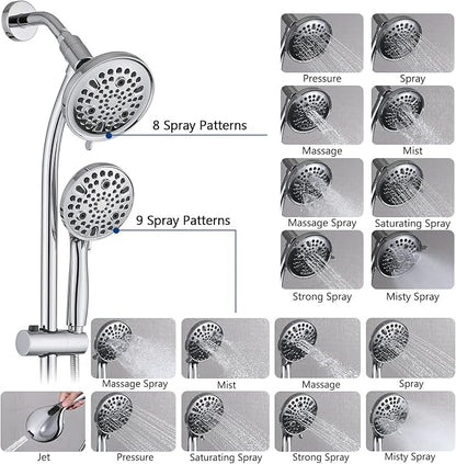 Rainfall Shower Head with Handheld Shower Spray, with 26" Drill Free Adjustable Height Slider Bar, High Pressure Dual Shower Head Combo, 3-Way Diverter for Easy Reach, 5Ft Hose - Chrome Finish