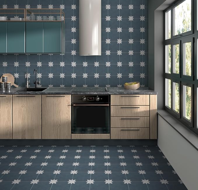 16-Sheet Peel and Stick Floor and Wall Tile for Bathroom Kitchen, 9" x 9" Blue Flower SPC Self-Adhesive Vinyl Flooring Patterned Groutable Backsplash Tile, Covers 9.12 Sq Ft.