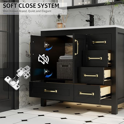 eclife 36" Bathroom Vanities with Sink Combo, Modern Thickened Wood Bathroom Storage Cabinet w/Undermount Sink, Matte Black Faucet Drain, Painted Surface, Black