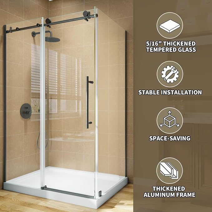 44-48”W x 34" D x 72" H Frameless Shower Enclosure, Sliding Corner Shower Door, SGCC 8mm (5/16") Tempered Glass, Buffer System, Stainless Handle&Tracks, Leak-Proof, Easy Installation, Matte Black