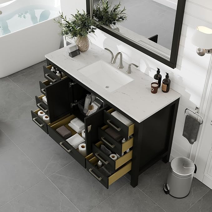 Eviva Aberdeen 54 in. Espresso Single Sink Bath Vanity with Carrara Quartz Top and Undermount Porcelain Sink