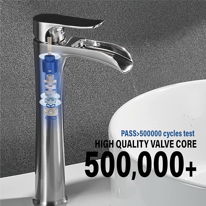 Brushed Nickel Vessel Sink Faucet,YUNDOOM Tall Waterfall Single Hole Single Handle Bowl Sink Faucet with Pop Up Drain