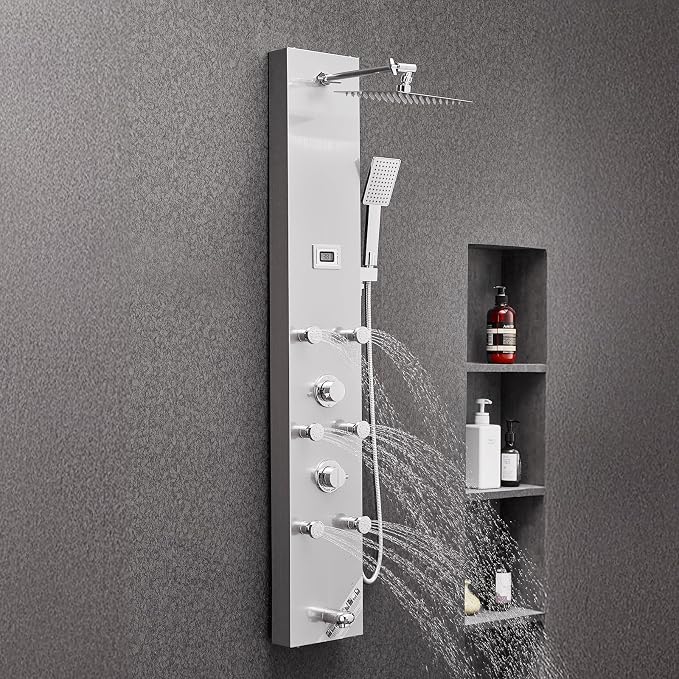 VEVOR Shower Panel Tower System with Rainfall Shower Head, LED, 49 in Brushed Stainless Steel Shower Column, 4-Function Faucet, Wall-Mount Rain Massage System with 6 Body Jets, Handheld, and Tub Spout