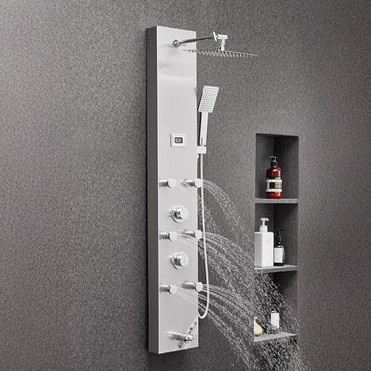 VEVOR Shower Panel Tower System with Rainfall Shower Head, LED, 49 in Brushed Stainless Steel Shower Column, 4-Function Faucet, Wall-Mount Rain Massage System with 6 Body Jets, Handheld, and Tub Spout