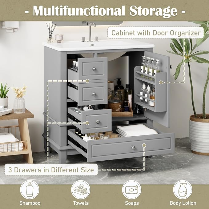 30" Vanity with Sink, Bathroom Vanities 30 Inch with Sink, Single Sink Bathroom Vanity with Shelf and Three Drawers, Soft Close Door, Restroom Vanity with Sink Top (Grey)