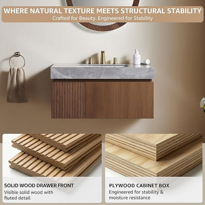 30” Floating Bathroom Vanity with Sink, Wall-Mounted Cabinet with Drawer & Doors, Gray Travertine-Pattern Sintered Stone Top, Undermount Basin, 3 Faucet Hole, Soft-Close, Pre-Assembled, Brown Oak