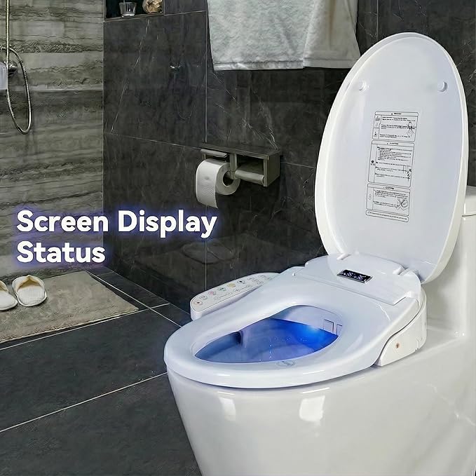Smart Heated Toilet Seat for Elongated V-Shaped Toilets – Bidet Warm Water Wash, Self-Cleaning Nozzle, Warm Air Dryer, Deodorizer, Soft-Close Lid, LED Night Light & Touch Panel, Easy Install