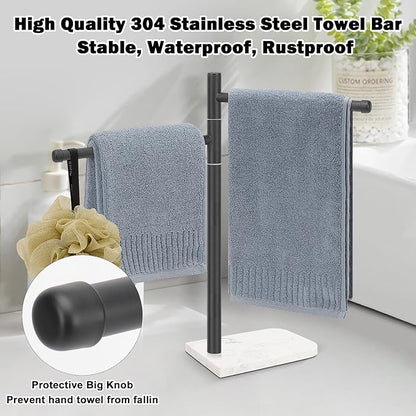 Standing Hand Towel Holder, Hand Towel Stand with Marble Base, 304 Stainless Steel Towel Rack with 2 Swivel Arm, Countertop Stand Towel Ring Towel Bar for Bathroom (Matte Black)