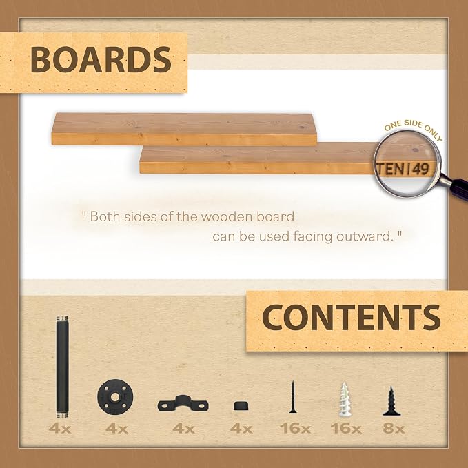 TEN49 Real Wood Rustic Floating Shelves Wall - 24 Wide Small Wooden Industrial Pipe Shelving - Farmhouse Pipe Wall Shelves Furniture Bathroom Decor Art Shelf Kitchen - Light Walnut Color - Set of 2