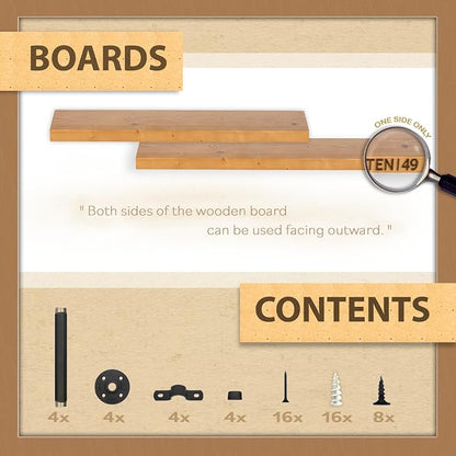 TEN49 Real Wood Rustic Floating Shelves Wall - 24 Wide Small Wooden Industrial Pipe Shelving - Farmhouse Pipe Wall Shelves Furniture Bathroom Decor Art Shelf Kitchen - Light Walnut Color - Set of 2
