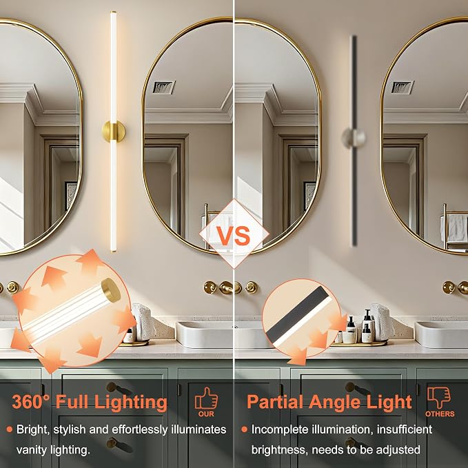 Gold Wall Sconces Set of 2 Hardwired LED Vanity Light 47" | Dimmable 5CCT LED Bathroom Light Fixtures, 360° Full Lighting, Modern Vanity Light Bar for Bathroom Mirror, Flicker-Free