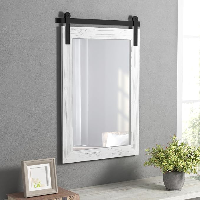 COGOOD Farmhouse Bathroom Mirrors for Over Sink - 42 x 29 White | Rustic Barn Door Wood Framed Vanity Mirror for Entryway, Living Room, Bedroom, Dresser Wall Decor