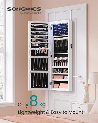 SONGMICS Jewelry Cabinet, Wall or Door Mounted Armoire with Full Length Mirror, Large Capacity Organizer, 6 LED Lights, 42.5 x 3.9 x 14.6 inch, White, BERIT Collection UJJC092W101